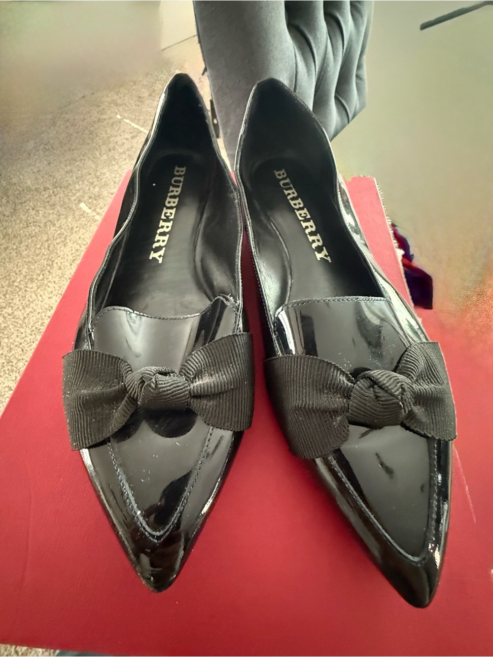 Burberry Black Patent Pointed Bow Flats